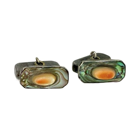 Antique 925 Sterling Silver Men's Cufflinks Abalone Mother Of Pearl Rectangle - Picture 9 of 16
